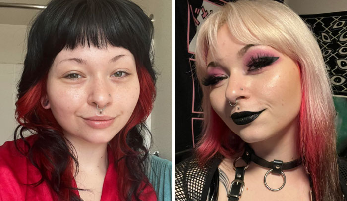 Before and after images showcasing changing hair color from black and red to blonde with pink highlights.