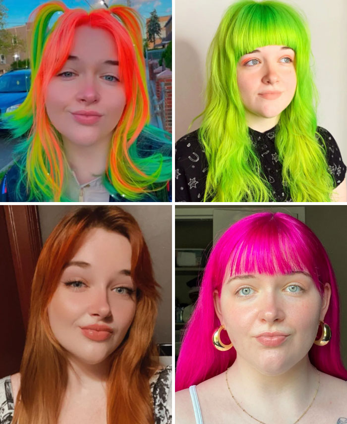 Woman with vibrant Changing-Hair-Color variations: orange, green, copper, and pink hairstyles in four sections.