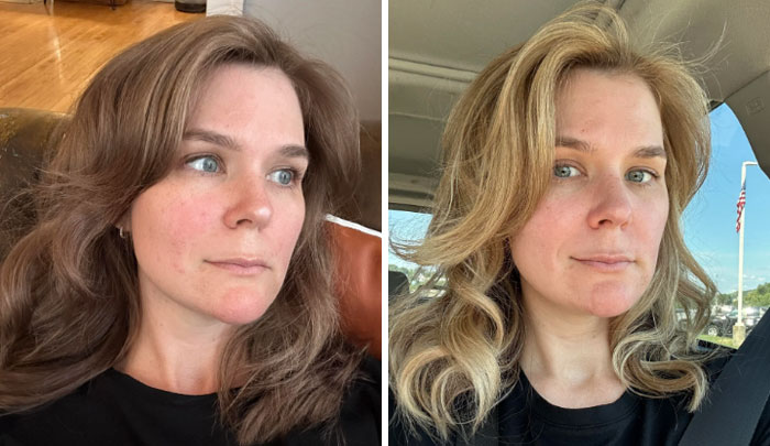 Two images showing a woman before and after changing hair color from brown to blonde.