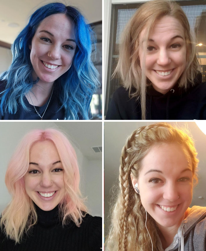 Person showing different changing hair color styles: blue, blonde, pink, and braided.