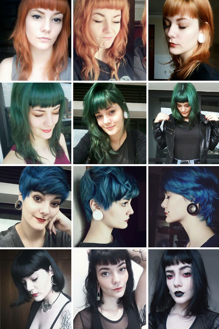 Collage of changing hair color: red, green, blue, and black hairstyles on one person.