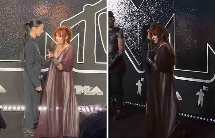 Chappell Roan in an awkward moment on the red carpet at a 2024 awards show, wearing stylish outfits.