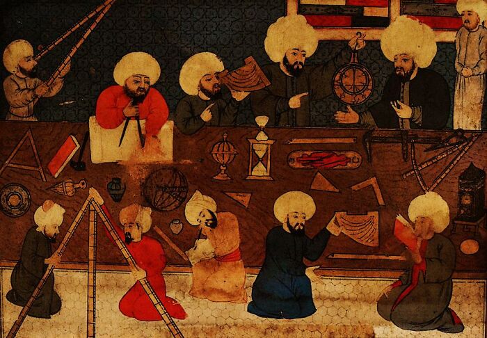 Medieval scholars studying historical instruments and manuscripts, illustrating facts about history not taught in school.