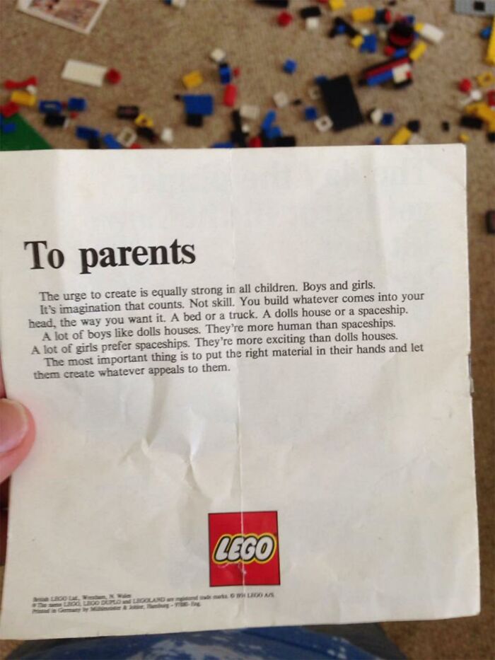 Letter from LEGO to parents about creativity in children, with LEGO pieces scattered in the background, showcasing history cool kids.
