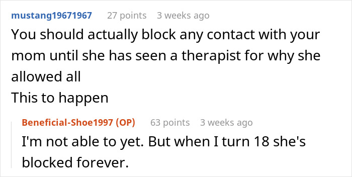 A Reddit comment thread discussing a teen surviving bullying from a step-sibling.