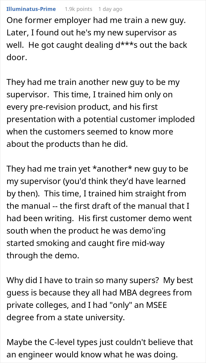 Text post about a boss panicking after firing the only employee who knows how things work at the company.