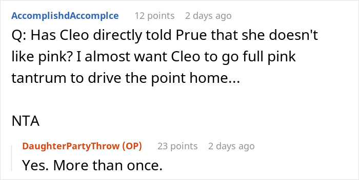 Text exchange about child disliking a pink-themed party, confirming dislike multiple times.