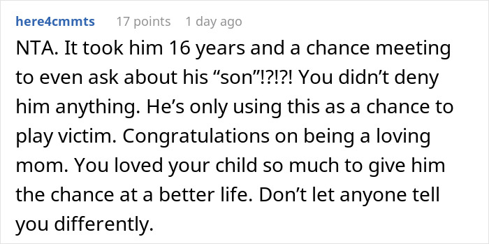 Reddit comment about a teen's reaction to an ex's adoption decision after 16 years.