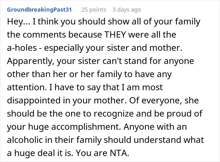 Comment addressing lack of family support for a woman’s sobriety milestone. Comment addressing lack of family support for a woman’s sobriety milestone.