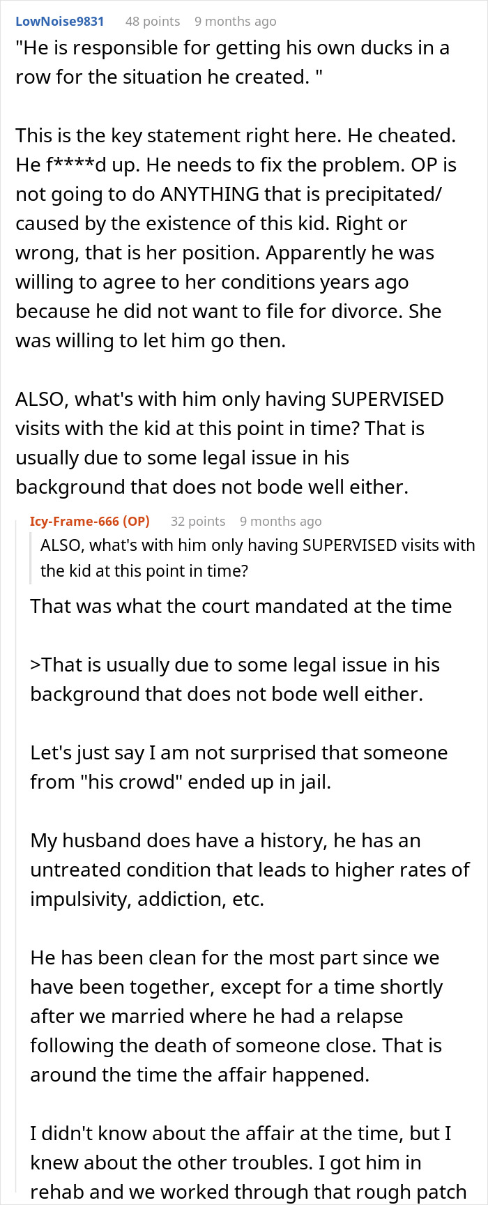 Reddit comments discussing a man's choice between divorce or custody of his affair child.