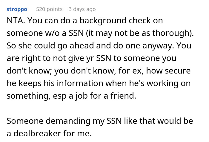 Text discusses boyfriend's social security number and background check. Text discusses boyfriend's social security number and background check.