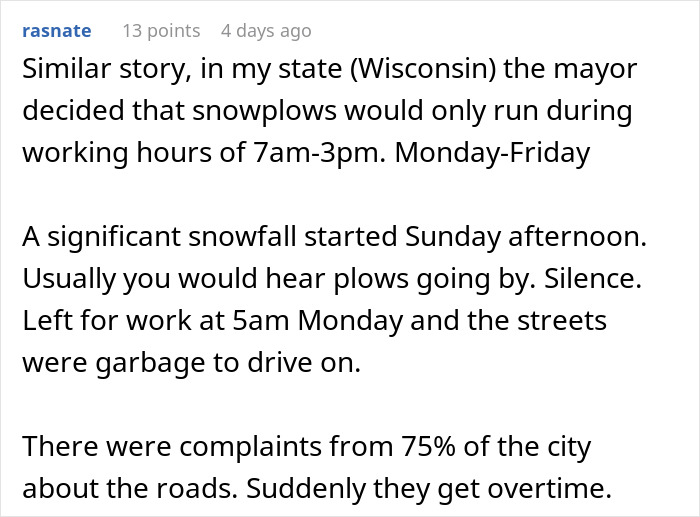 Text describing a snowplow schedule causing chaos; workers demand overtime pay. Text describing a snowplow schedule causing chaos; workers demand overtime pay.