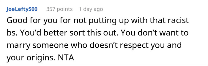Comment supports woman against boyfriend's racist joke about upbringing. Comment supports woman against boyfriend's racist joke about upbringing.