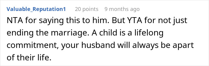 Reddit comment discussing divorce, custody, and lifelong child commitment.