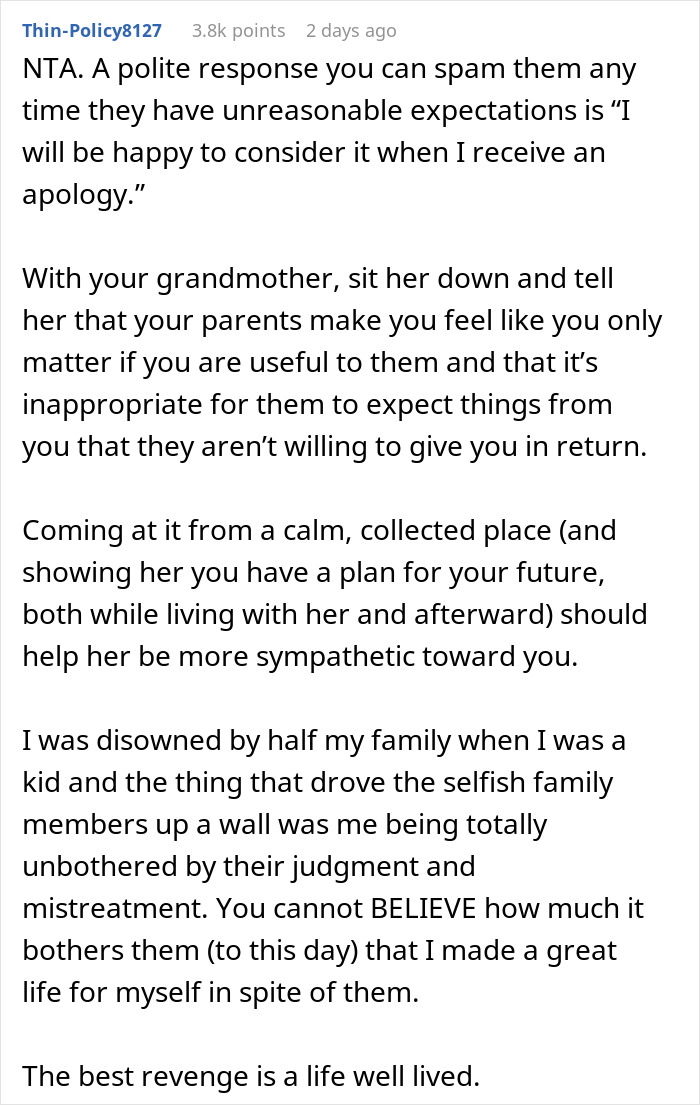 Reddit comment discussing family conflicts and advice on handling unreasonable expectations from parents.