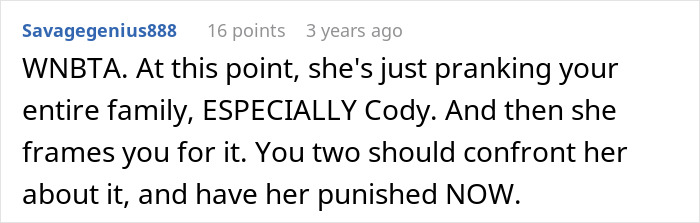 Text post discussing SIL pranking family with fake allergies, suggesting confrontation. Text post discussing SIL pranking family with fake allergies, suggesting confrontation.