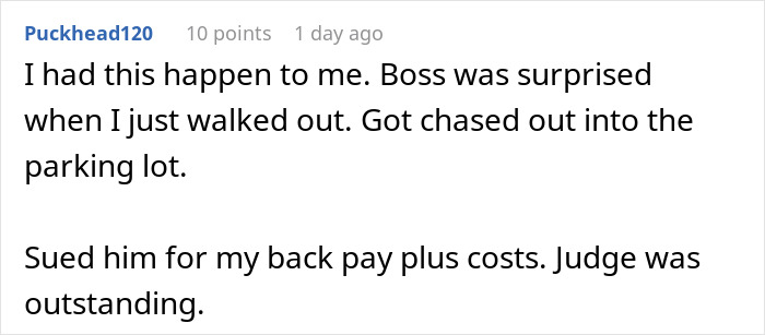 Text conversation sharing a story of getting fired as a prank, resulting in a lawsuit for back pay.