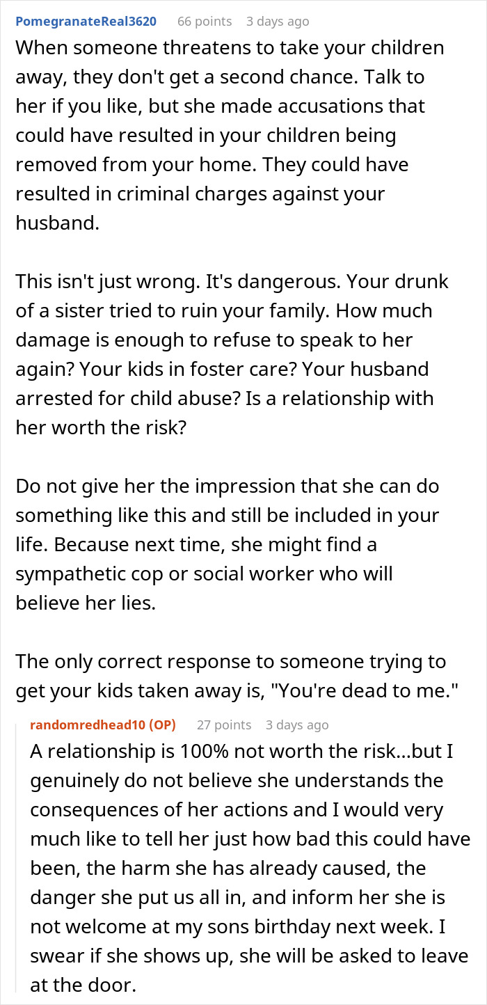 Screenshot of a discussion about family betrayal and accusations involving child protection services.