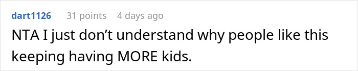 Comment discussing frustration with a mom of five who keeps having more kids.