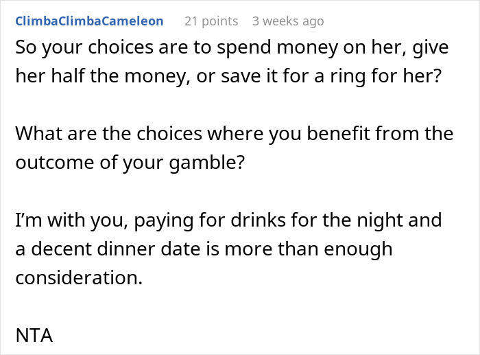 Text comment discussing a decision about splitting raffle winnings with a girlfriend.
