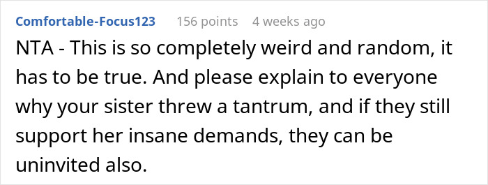 Reddit comment discussing wedding color scheme drama and entitled sister's demands. Reddit comment discussing wedding color scheme drama and entitled sister's demands.