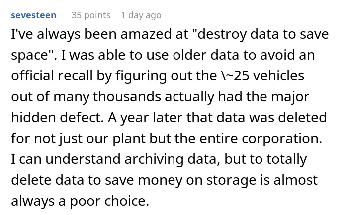 Alt text: "Text post about management deleting crucial software-related data causing issues.