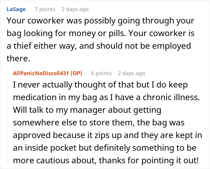 Reddit comments discussing a coworker accused of theft and bag security.