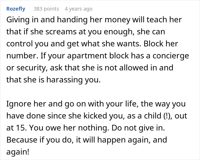 Text advice on dealing with a toxic mom demanding inheritance; suggests ignoring and blocking her to prevent harassment.