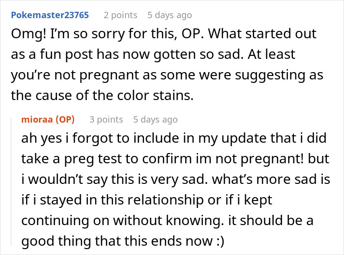 Online user comments about stains in woman&rsquo;s home potentially linked to a mistress, confirming suspicions.