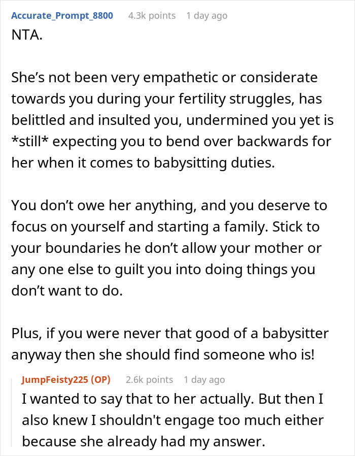 Reddit comment thread discussing refusal to babysit sister's kids after insulting remarks. Reddit comment thread discussing refusal to babysit sister's kids after insulting remarks.
