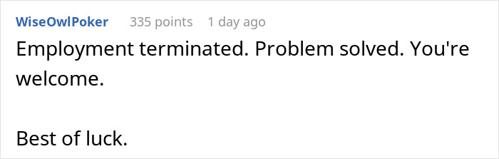 Screenshot of a comment regarding an employee&rsquo;s termination after a miscarriage-related bereavement.