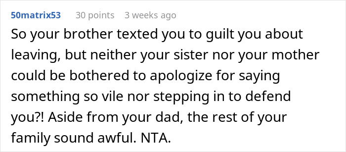 Text exchange about family's reaction to a mean comment regarding a miscarriage, highlighting lack of apology and support. Text exchange about family's reaction to a mean comment regarding a miscarriage, highlighting lack of apology and support.