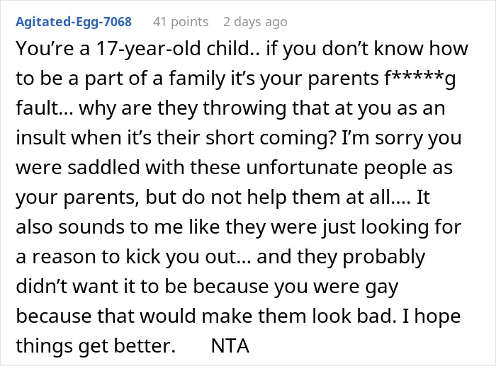 Text comment discussing family issues and not helping parents.