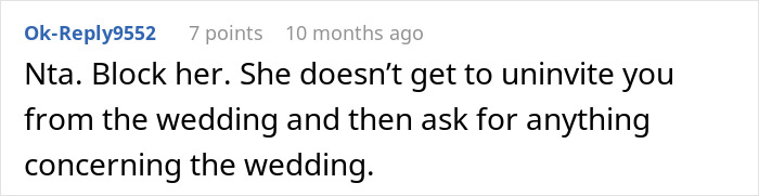 Online comment discussing refusal to pay for a friend's wedding after being uninvited.