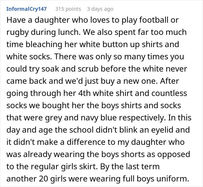 Text discussing a mom exploiting a school dress code loophole for her daughter by using boy's uniform options. Text discussing a mom exploiting a school dress code loophole for her daughter by using boy's uniform options.