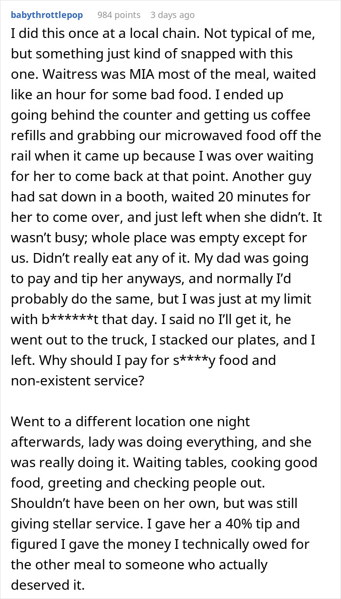 A Reddit user shares a story of choosing to dine and dash due to poor service and long wait times at a local chain.