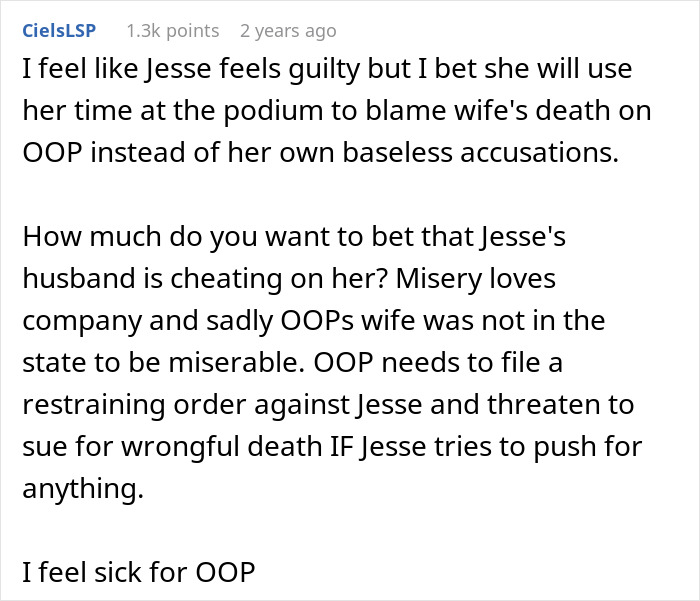 Reddit comment discussing infidelity accusations and tragedy involving PPD, mentioning restraining order advice.
Reddit comment discussing infidelity accusations and tragedy involving PPD, mentioning restraining order advice.