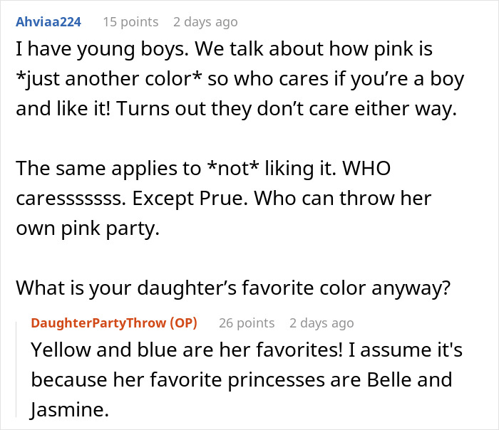 Text exchange about a child's favorite colors; pink-themed party flop discussed.