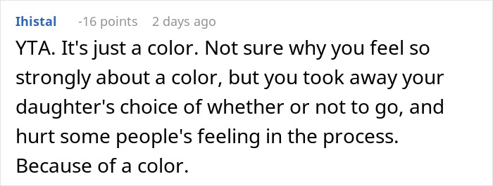 Negative online comment about pink-themed party decision.