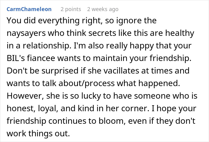 Text comment about relationship dynamics involving a brother-in-law's fianc&eacute;e.