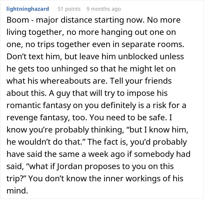 Text screenshot discussing distance and relationship issues after a proposal.