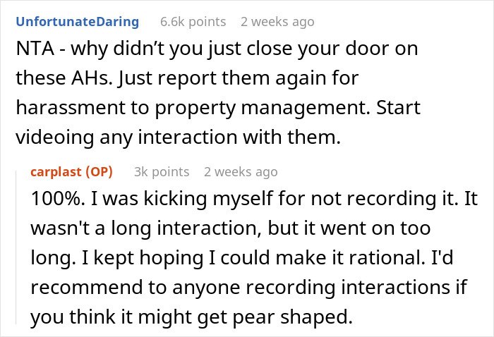 Comment thread discussing neighbors blocking door and reporting them.