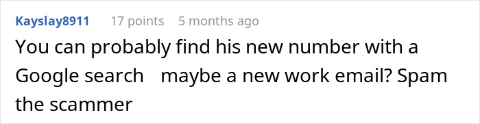 Comment suggesting revenge tactics for unpaid work, referencing Google search and spamming.