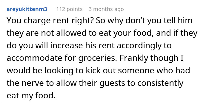 Comment discussing a woman eating food without permission and suggesting raising rent.