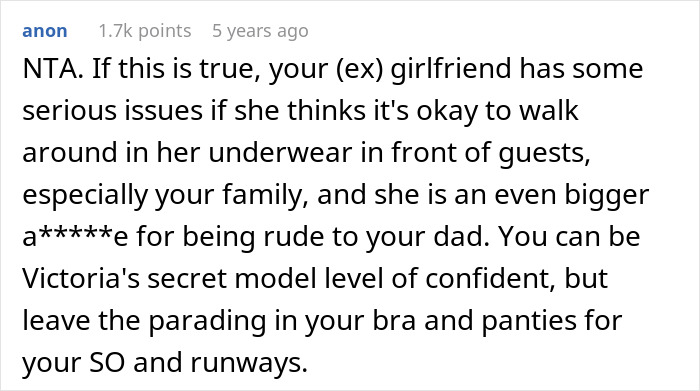 Reddit comment discussing girlfriend's rude behavior with family, mentioning inappropriate attire and disrespect.