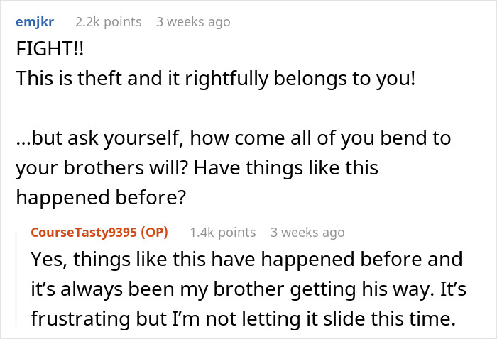 Reddit thread discussing family feud over a heirloom, with users expressing frustration and urging action against theft.