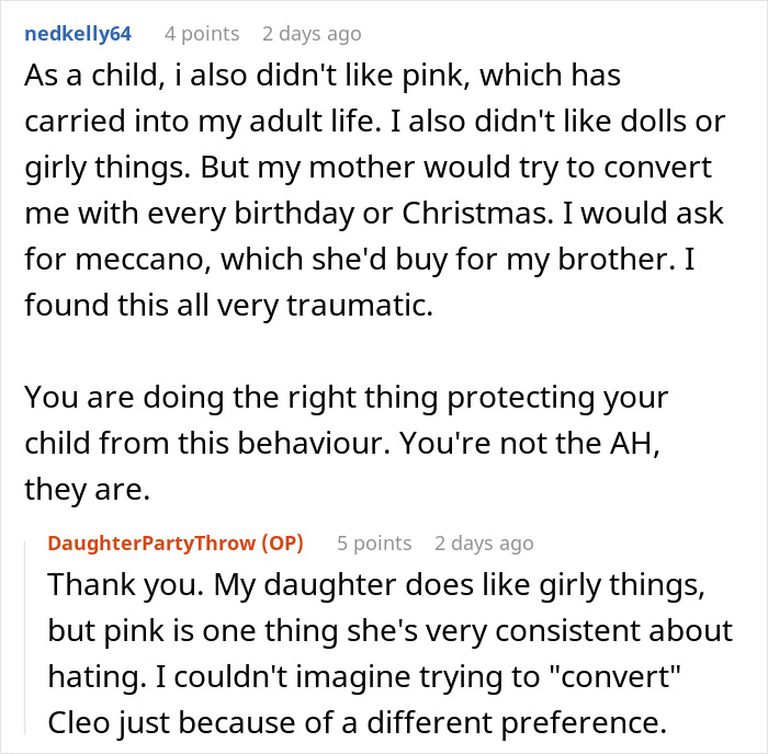Reddit comments discussing a child's dislike for pink and a parent's support of their preferences.