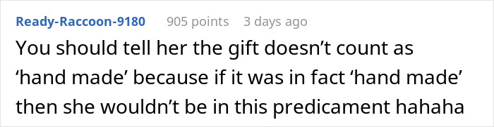 Reddit comment humorously discussing a pregnancy announcement not counting as a handmade Christmas gift. Reddit comment humorously discussing a pregnancy announcement not counting as a handmade Christmas gift.
