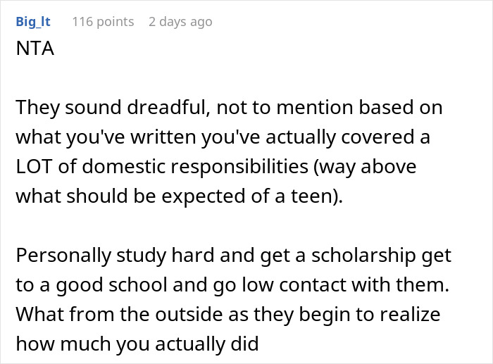 Reddit comment discussing refusal to help parents, emphasizing domestic responsibilities and suggesting focus on education.