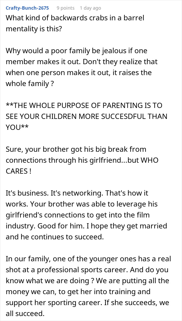 Text discussing family conflicts over brother dating someone wealthier, highlighting jealousy and success dynamics.